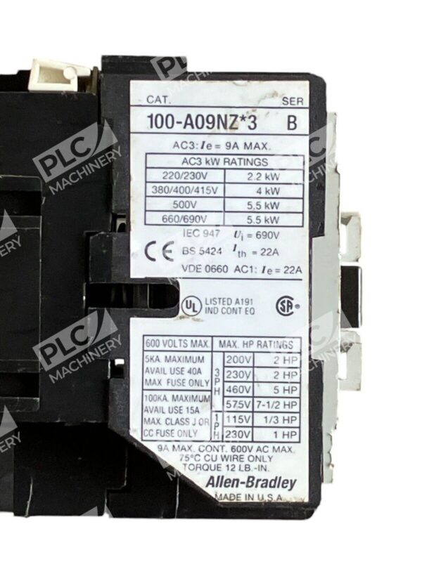 Allen Bradley Contactor 9A 600VAC 100-A09NZ*3 /B - Image 2