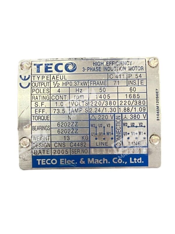 Teco AEUL IC 411 IP 54 1/2HP 4 Pole High efficiency 3-Phase Induction Motor - Image 2