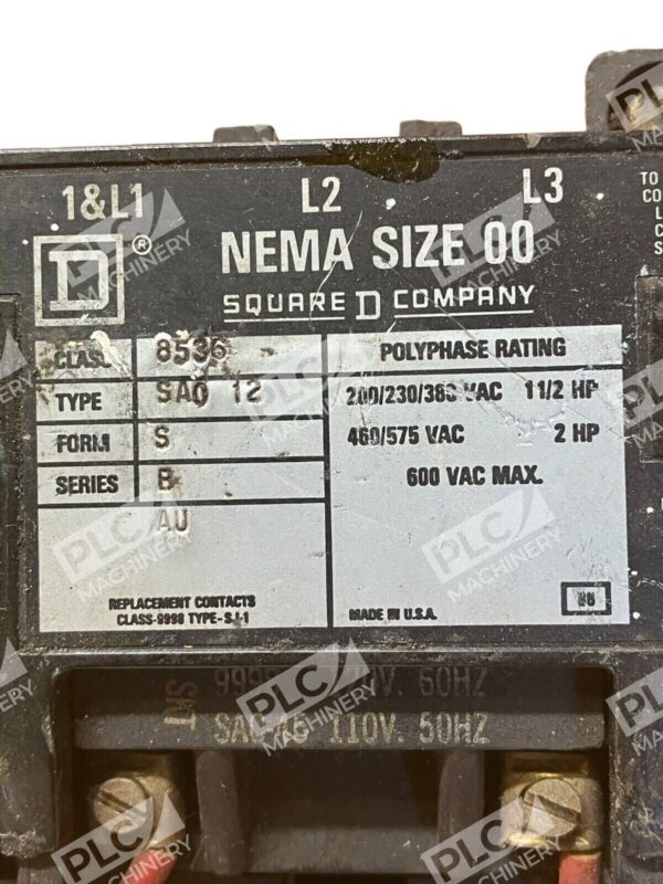 Square D 8536-SA0-12 Nema Size 00 Motor Starter - Image 2