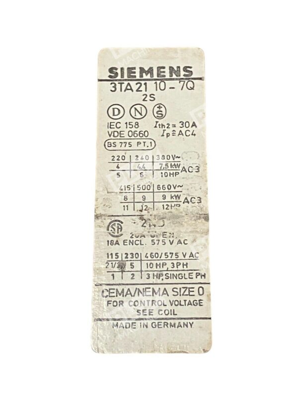 Siemens 3TA21 10-7Q 2S Contactor 30A Nema Size 0 - Image 2