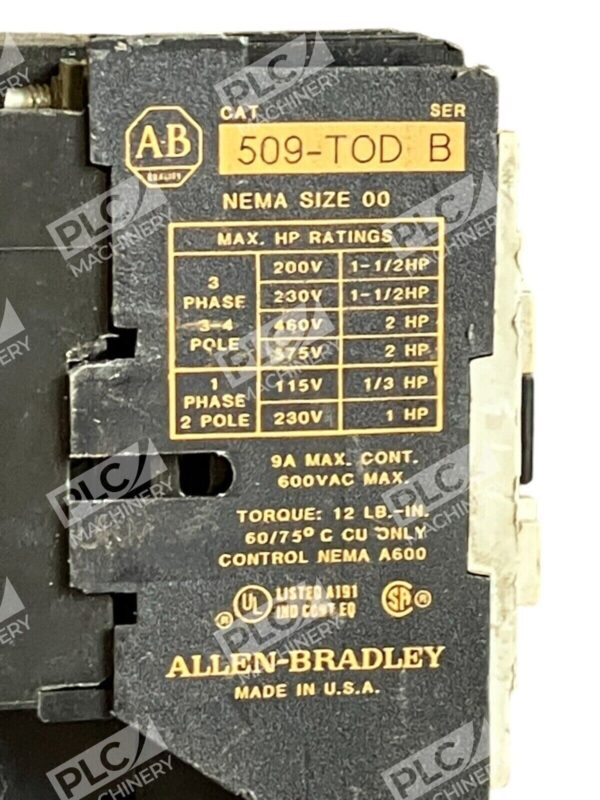 Allen Bradley Contactor 9A 600VAC 509-TOD /B - Image 2