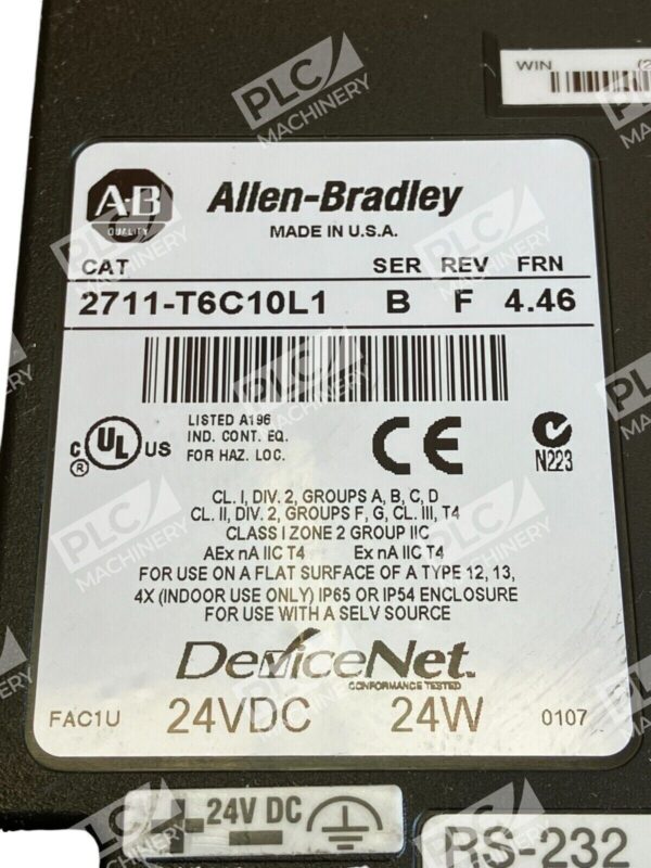 Allen Bradley 24VDC 24W PanelView 600 2711-T6C10L1 /B - Image 2