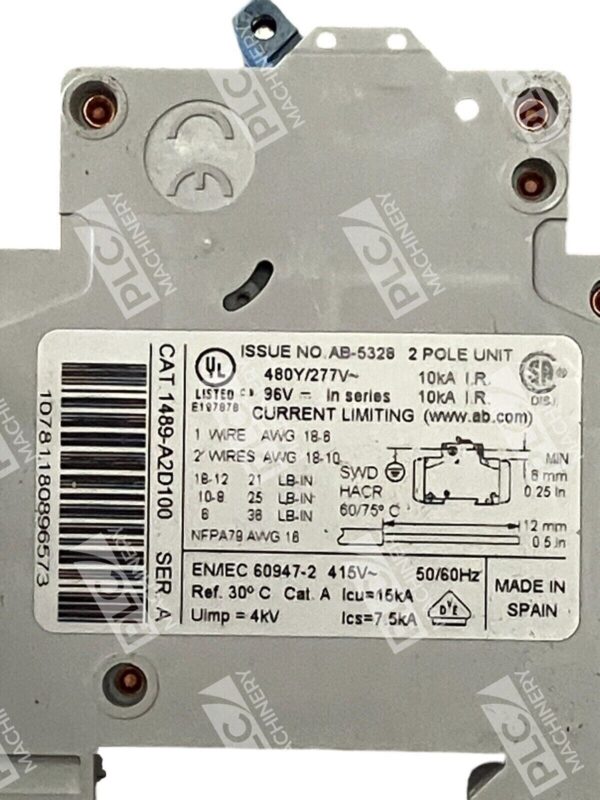 Allen Bradley 10A 2 Pole Circuit Breaker 1489-A2D100 /A - Image 2