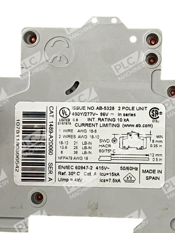 Allen Bradley 6A 2 Pole Circuit Breaker 1489-A2D060 /A - Image 2