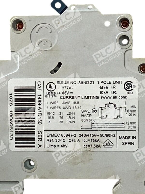 Allen Bradley 15A 1 Pole Circuit Breaker 1489-A1D150 /A Used - Image 2