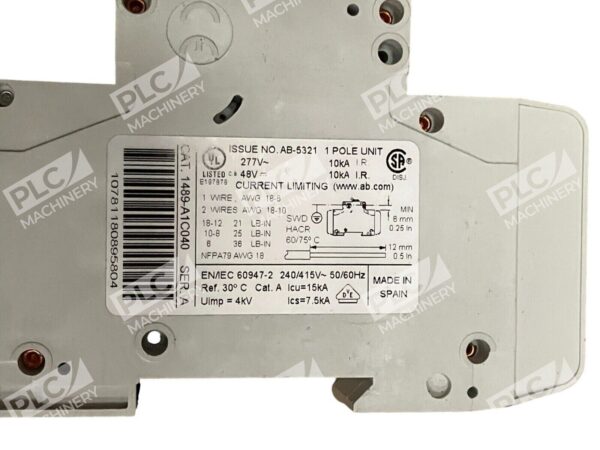 Allen Bradley 4A 1 Pole Unit Circuit Breaker 1489-A1C040 /A - Image 2