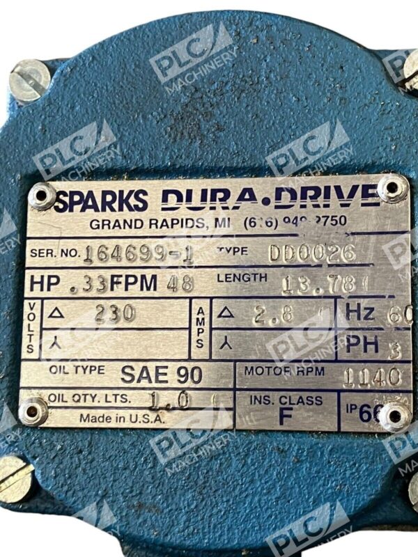 Dura-Drive Sparks 1/3HP 48FPM 13.78" 230V 2.8A 60Hz 3Ph 1140RPM DD0026 - Image 3