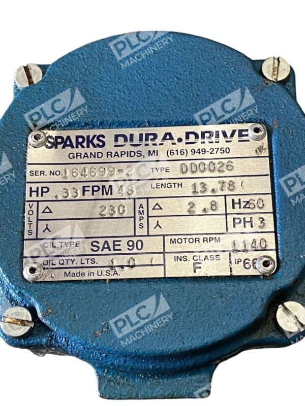 Dura-Drive Sparks .33HP 48FPM 13.78" 230V 2.8A 60Hz 3Ph 1140RPM DD0026 - Image 2