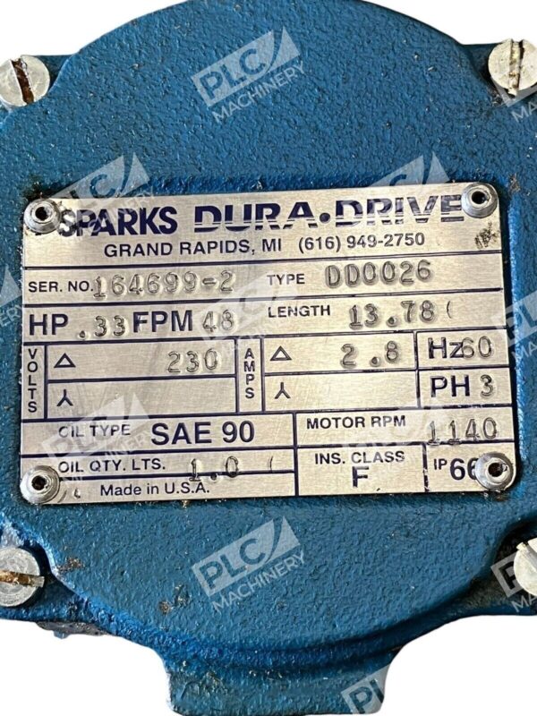 Dura-Drive Sparks .33HP 48FPM 13.78" 230V 2.8A 60Hz 3Ph 1140RPM DD0026 - Image 3