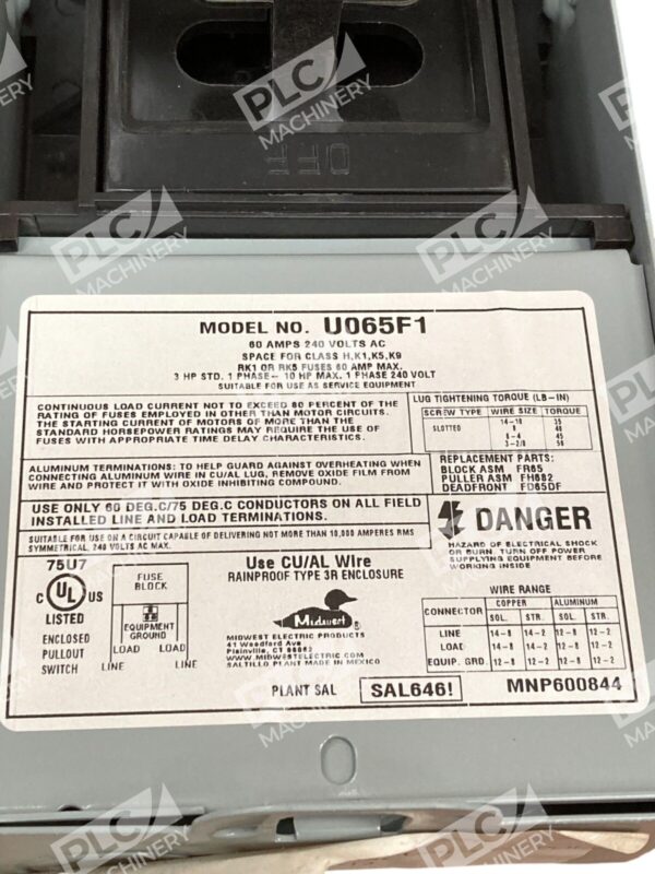 Midwest 60A 240VAC Fusible Disconnect Switch U065F1 - Image 3