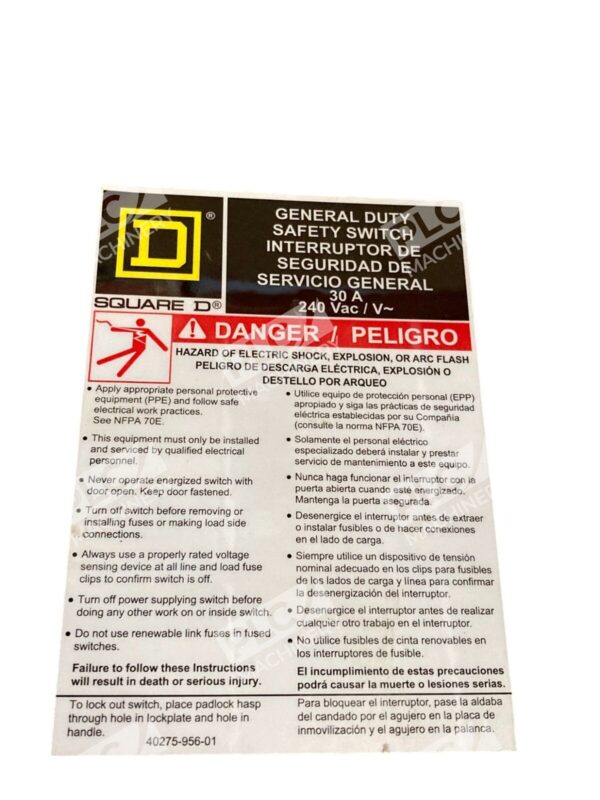 Square D 30A 240VAC General Duty Safety Switch D221NRB - Image 10