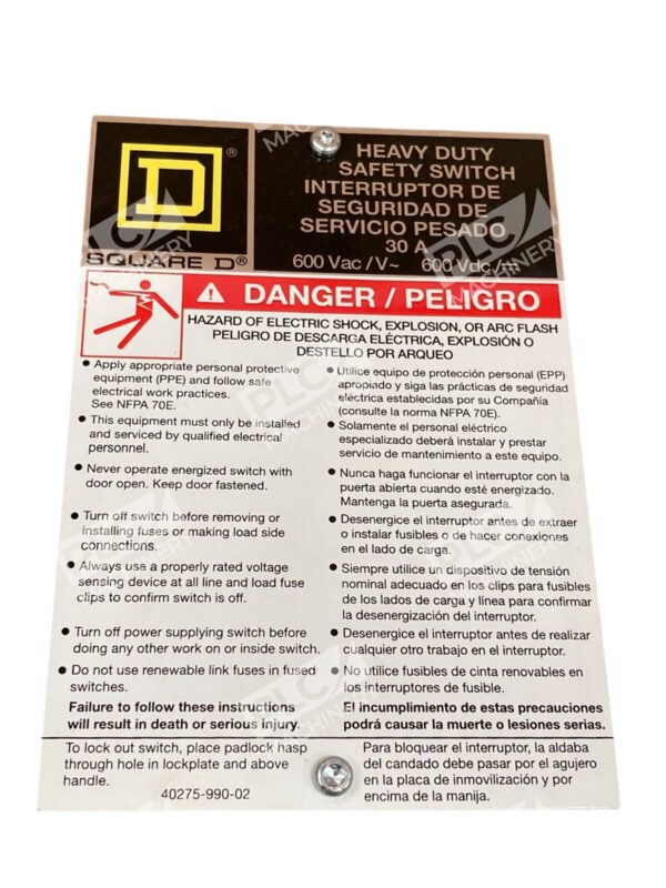 Square D 30A 600V 50572 Heavy Duty Safety Switch Enclosure HU361 - Image 5
