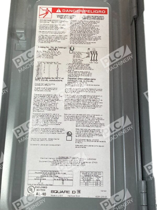 Square D 30A 600V 50572 Heavy Duty Safety Switch Enclosure HU361 - Image 9