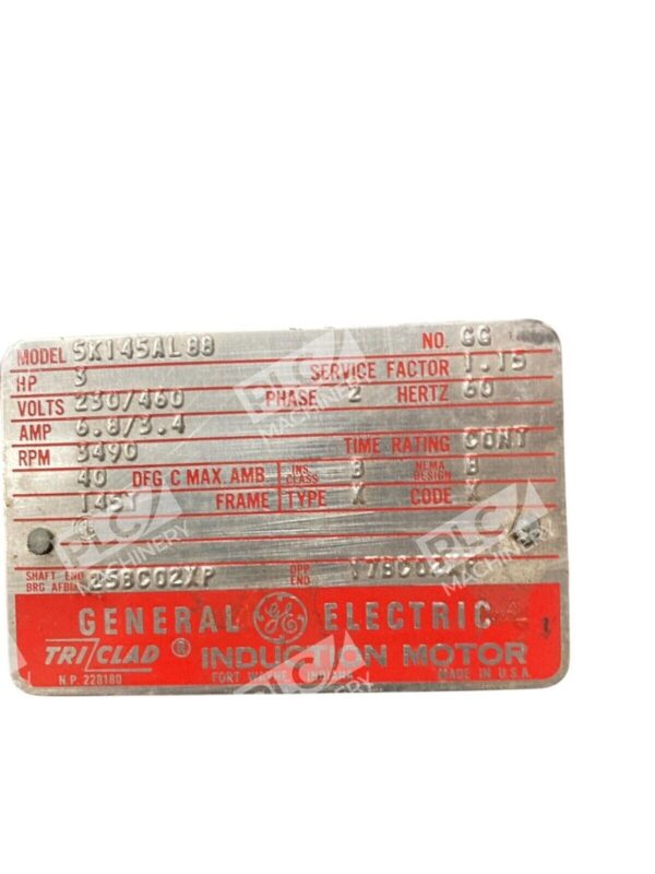General Electric GE 3HP GG 2Ph 6.8/3.4A Triclad Induction Motor 5K145AL88 - Image 2