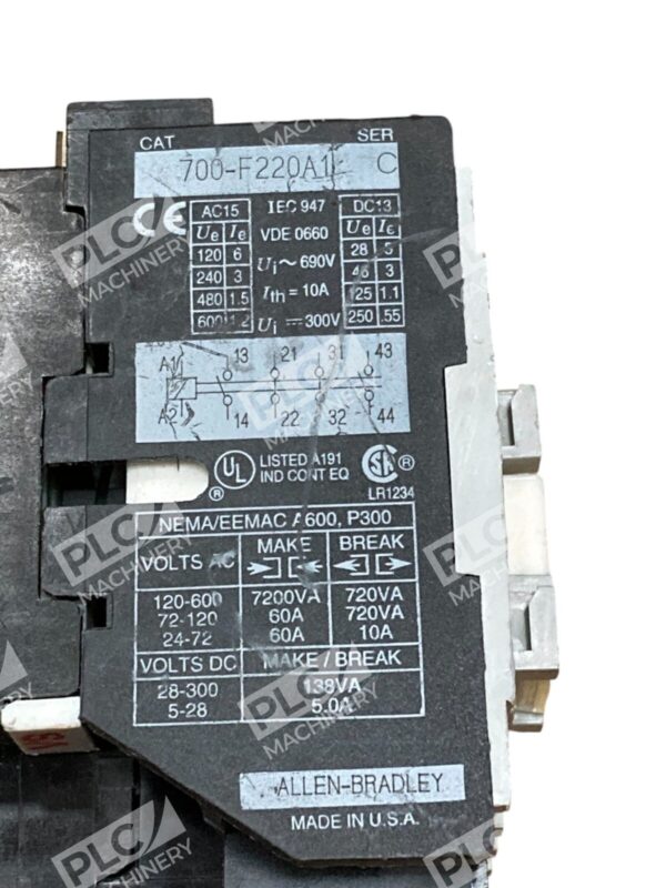 Allen-Bradley 700-F220A1 Series C Contactor Motor Control Relay NEMA A600 Indust - Image 3