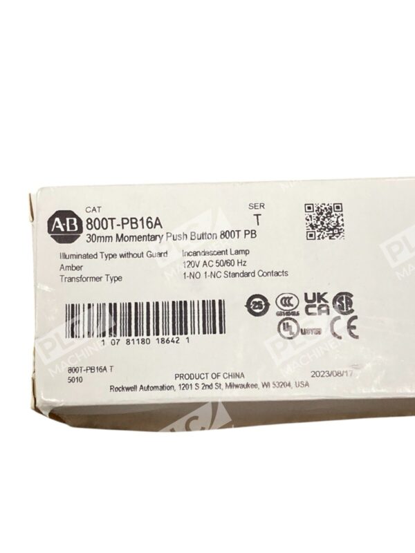 Allen-Bradley 800T-PB16A 30mm Amber Illuminated Push Button - 120V AC, 1-NO 1-NC - Image 2