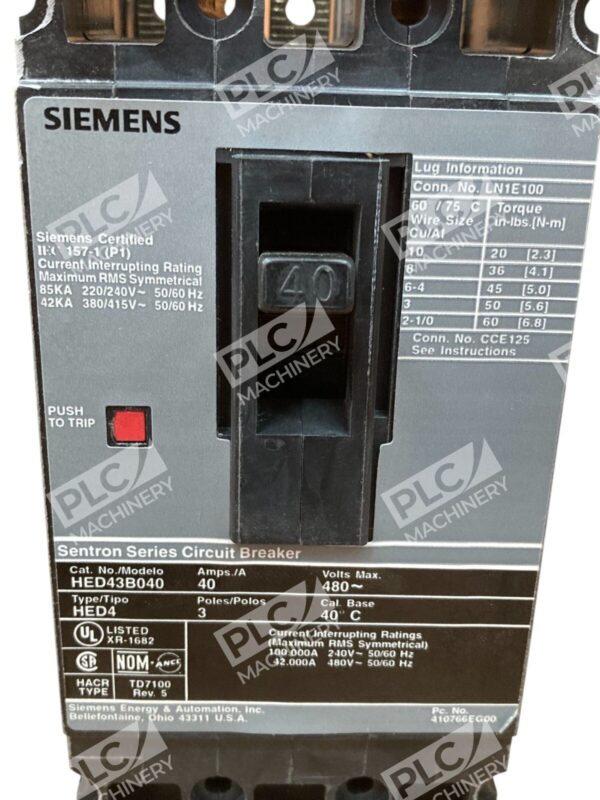 Siemens 40A 3 Pole 480V Sentron Series Circuit Breaker HED43B040 - Image 2
