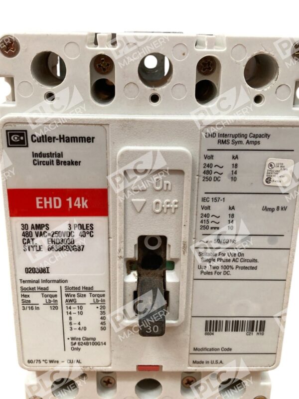 Cutler Hammer 6638C90G87 30A 3 Pole 480VAC EHD 14k Circuit Breaker EHD3030 - Image 3