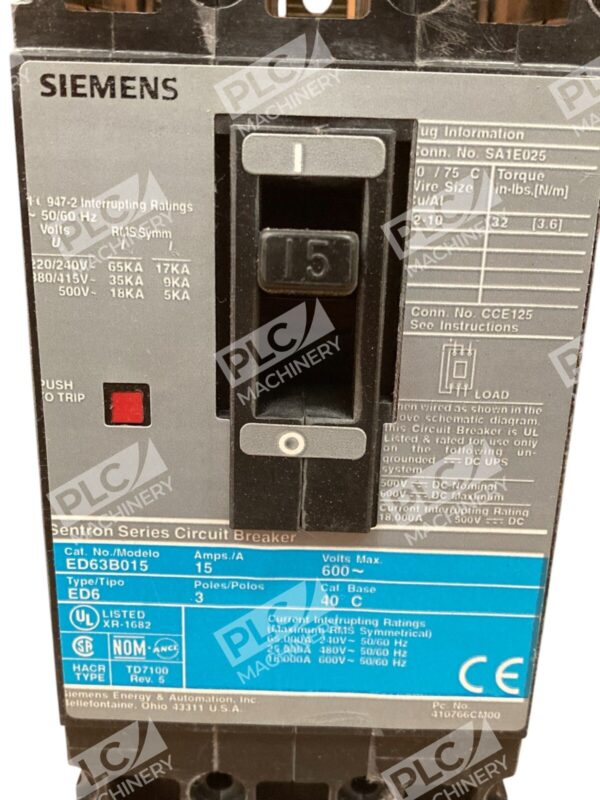 Siemens 15A 600VAC 3 Pole Molded Case Circuit Breaker ED63B015 - Image 5
