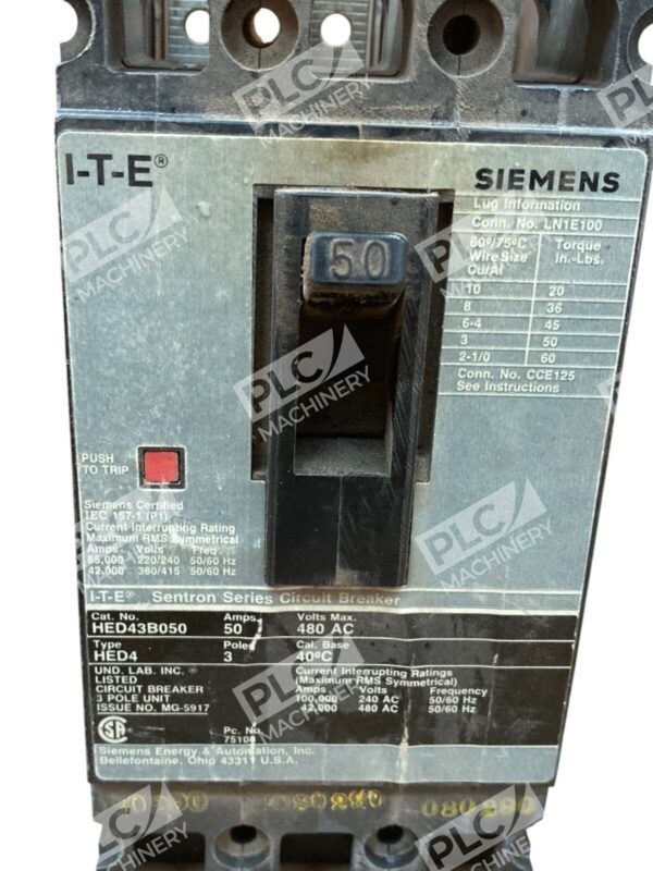 Siemens I-T-E 50A 3 Pole 480VAC Sentron Series Circuit Breaker HED43B050 - Image 2