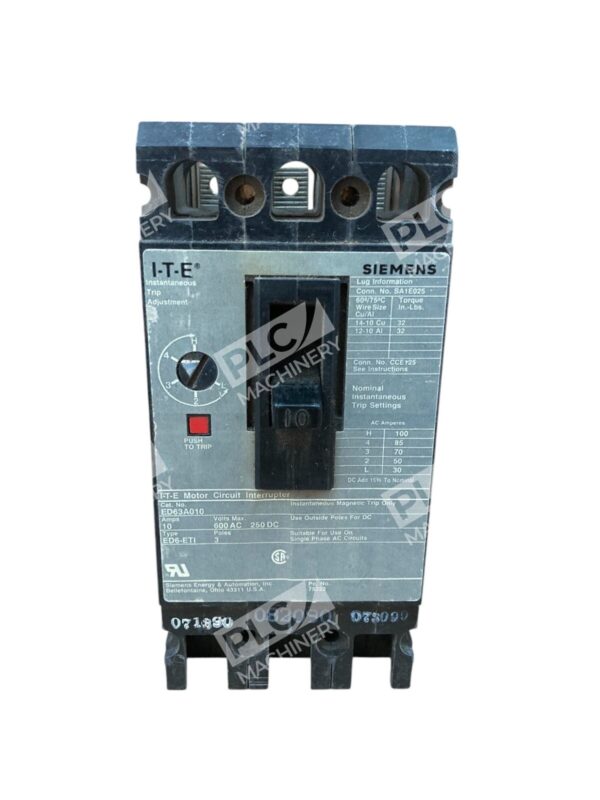 Siemens I-T-E 10A 600VAC 3 Pole Motor Circuit Interrupter ED63A010