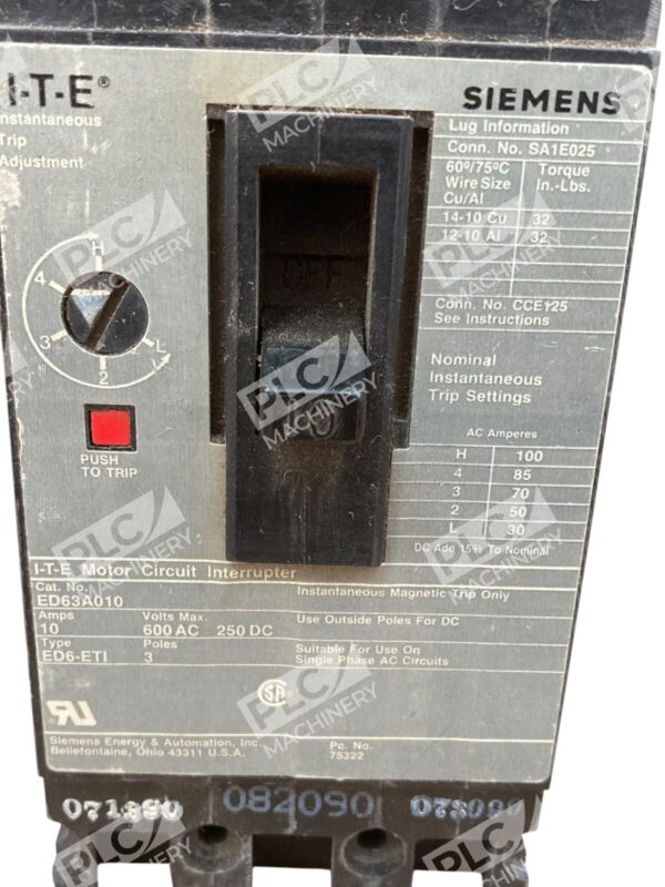 Siemens I-T-E 10A 600VAC 3 Pole Motor Circuit Interrupter ED63A010 - Image 2