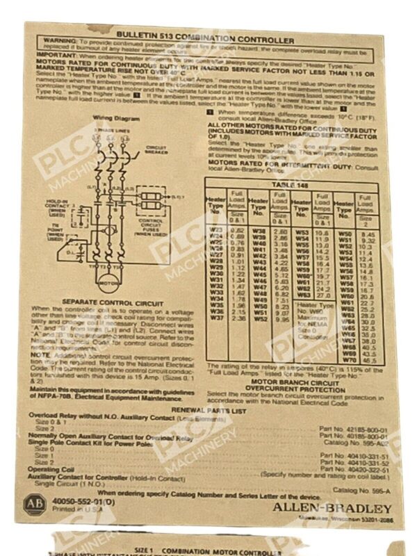 Allen Bradley 513-BABD-41 /E Comb Starter Circuit Breaker 10HP 125A 509-B0D /B - Image 3