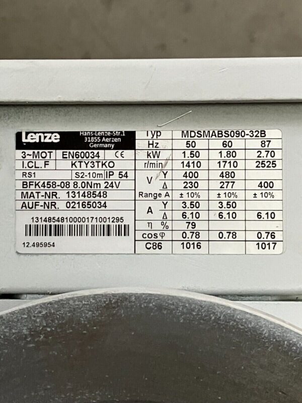 Lenze 3-Mot EN60034 MDSMABS090-32B Servo Motor NNB - Image 2