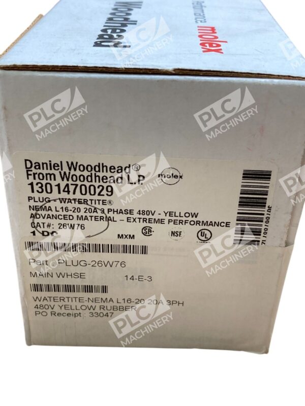 Woodhead Daniel LP 1301470029 20A 3 Phase 480V Yellow Watertite Plug 26W76 - Image 2
