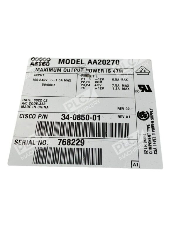 Astec AA20270 Power Supply Maximum Output Power Is 47W Cisco 34-0850-01 - Image 2