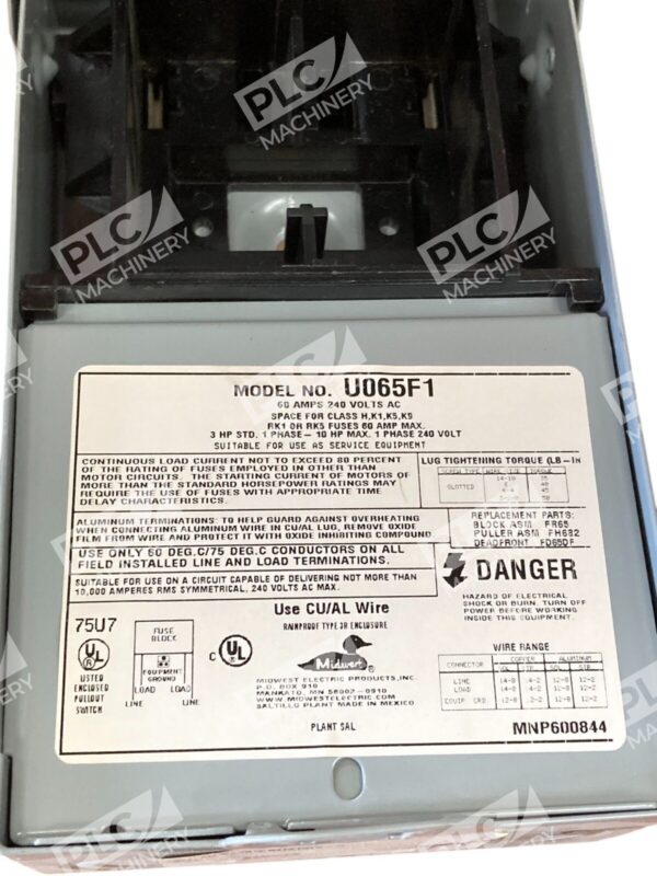 Midwest 60A 240VAC 1 Phase 10HP Fusible Disconnect Switch U065F1 - Image 7