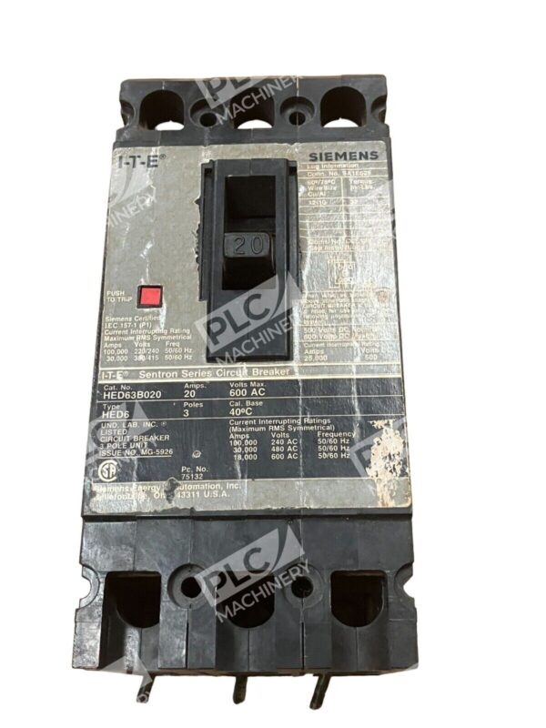 Siemens HED63B020 I-T-E Sentron Series Circuit Breaker 20A 600VAC 3 Pole