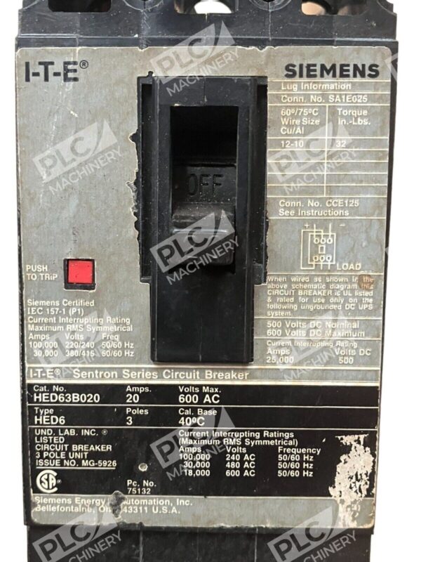 Siemens HED63B020 I-T-E Sentron Series Circuit Breaker 20A 600VAC 3 Pole - Image 2