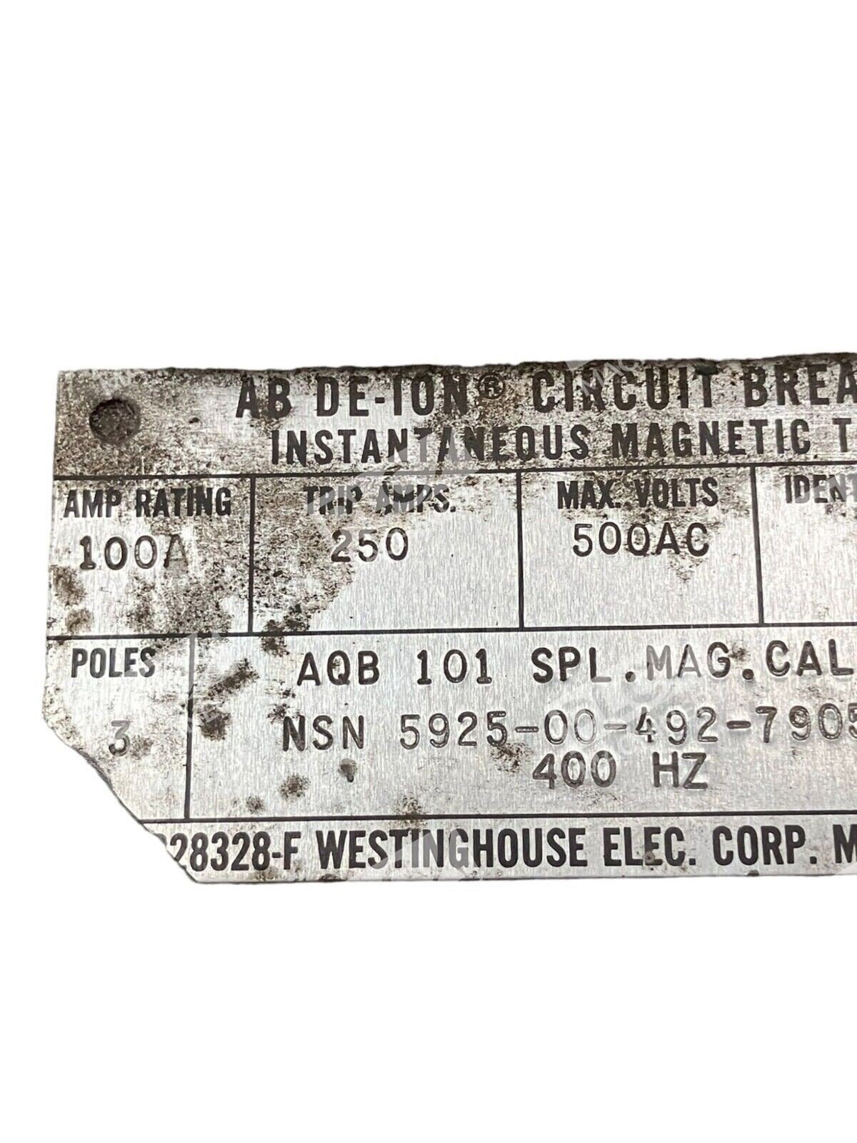 Westinghouse 66E6337 AB De-Ion Circuit Breaker 100A AQB101 5925-00-492-7905 - Image 3