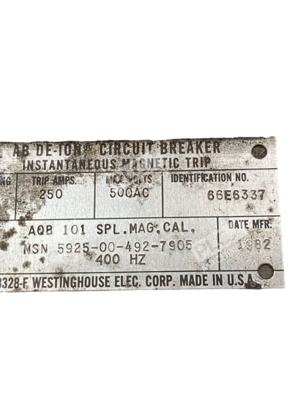 Westinghouse 66E6337 AB De-Ion Circuit Breaker 100A AQB101 5925-00-492-7905 - Image 4