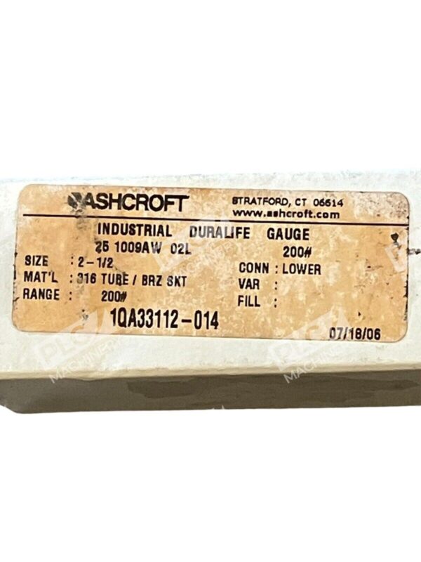 Ashcroft 2-1/2" 25-1009-AW-02L-200# Industrial Duralife Gauge 1QA33112-014 - Image 2
