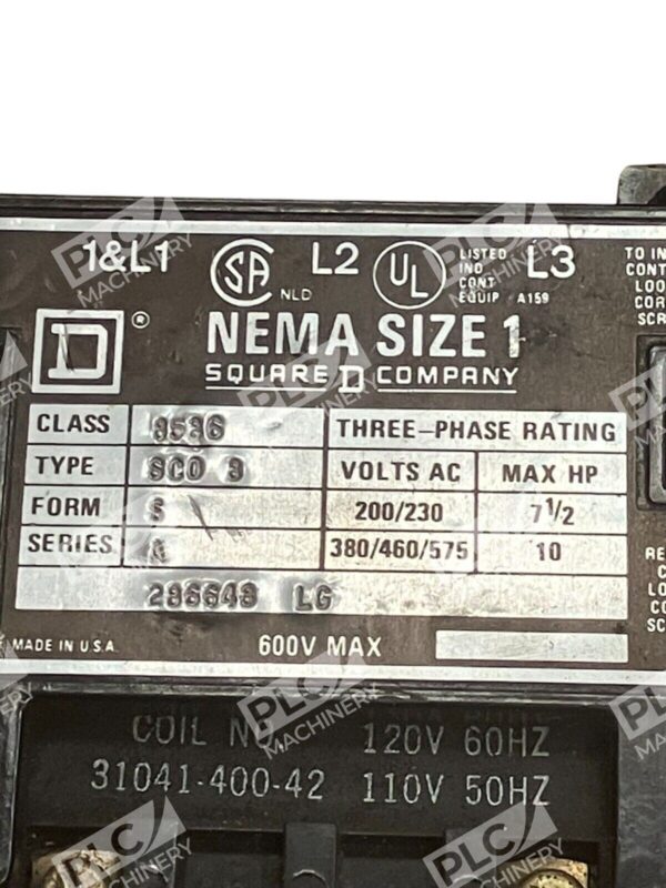 Square D Nema Size 1 Starter 8536-SCO3 /A - Image 3