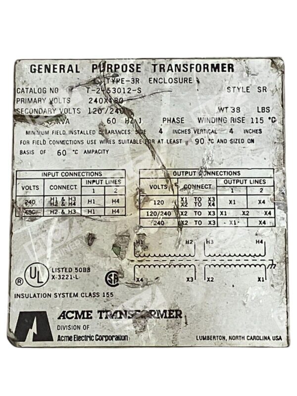 Acme Transformer SR Type-3R Enclosure General Purpose Transformer T-2-53012-S - Image 2