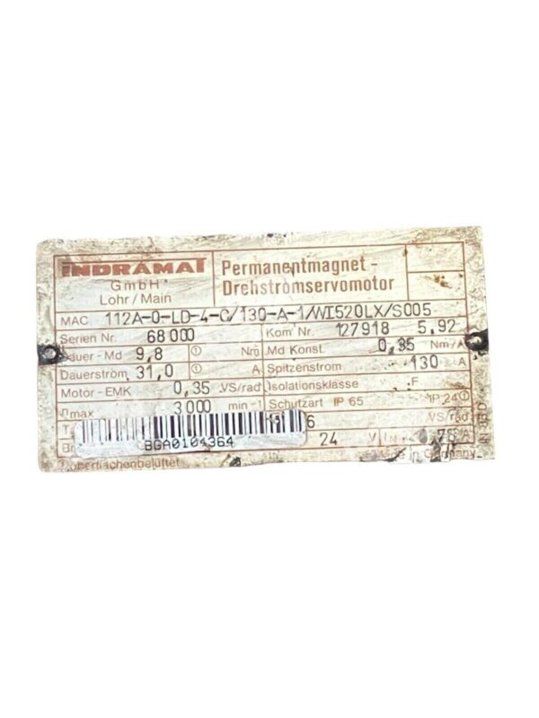 Indramat MAC112A-0-LD-4-C/130-A-1/WI520LX/S005 Permanent Magnet Motor - Image 2