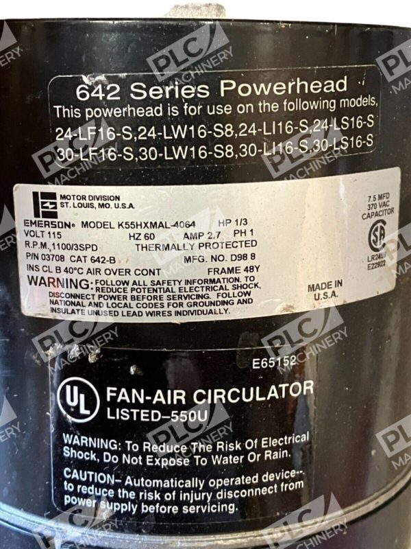 Emerson 1/3HP 642 Series Powerhead Fan-Air Circulator Lised-550U K55HXMAL-4064 - Image 2