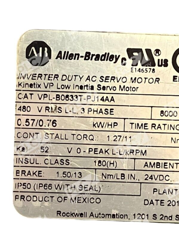 Allen Bradley Inverter Duty AC Servo Motor VPL-B0633T-PJ14AA - Image 3