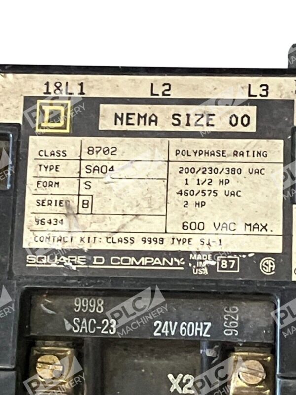 Square D Nema Size 00 Contactor 8702-SAO4 S B - Image 3