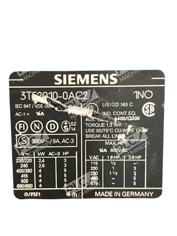 Siemens 16A Contactor 3TF2010-0AC2 w/ Siemens 3TX4420-2A - Image 2