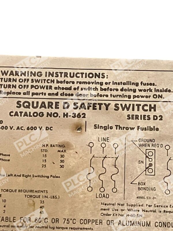 Square D 60A 600VAC Safety Switch H-362 /D2 - Image 4