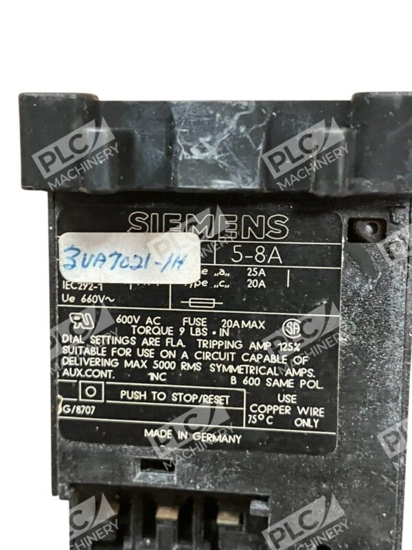 Siemens 5-8A Overload Relay 3UA7021-14 - Image 2