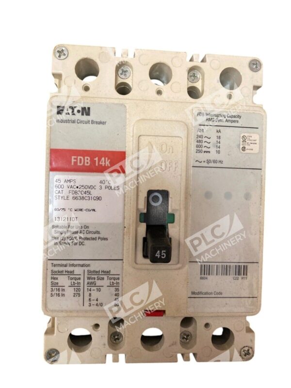 Eaton 45A 600VAC 250VDC 3 Poles FDB 14k Circuit Breaker FDB3045L