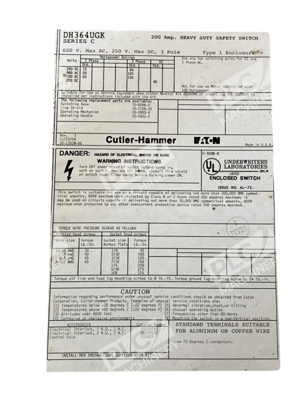 Eaton Cutler-Hammer DH364UGK /C Heavy Duty Safety Switch - Image 3