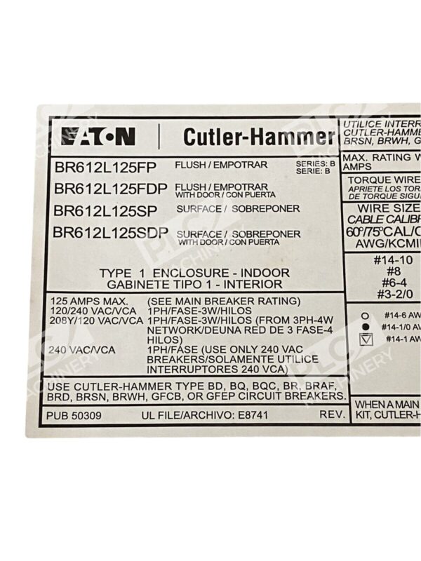 Eaton Cutler-Hammer BR612L125SP Main Lug Loadcenter - Image 3