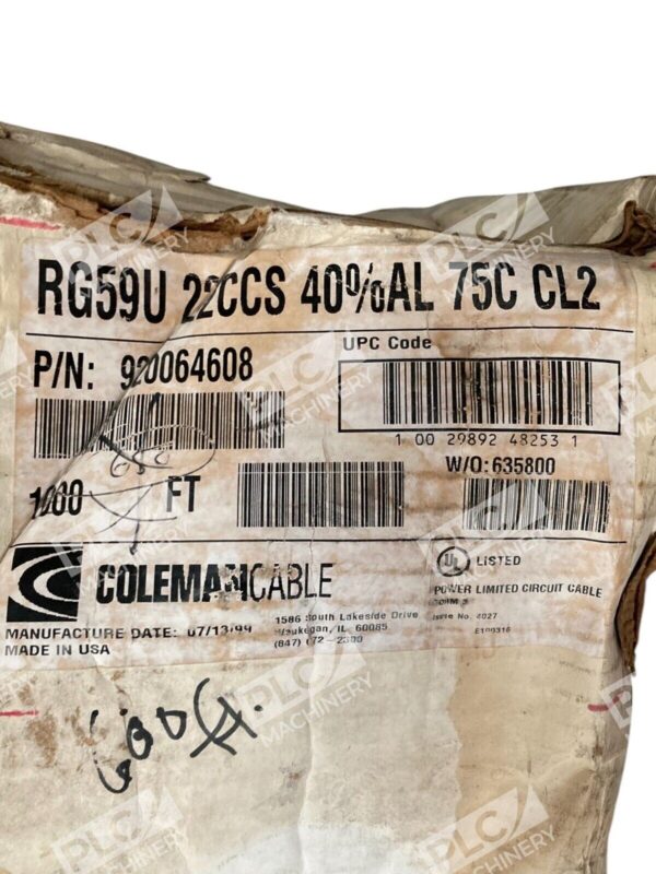 Coleman RG59U 22CCS 40%AL 75C CL2 600' Coaxial Cable 920064608 - Image 2
