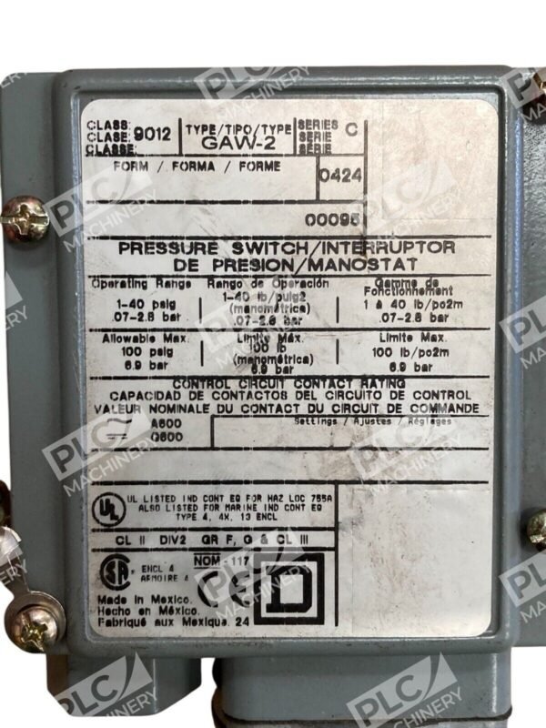 Square D Telemecanique 10A 600VAC 1-40psi Pressure Switch 9012 GAW-2 /C - Image 2